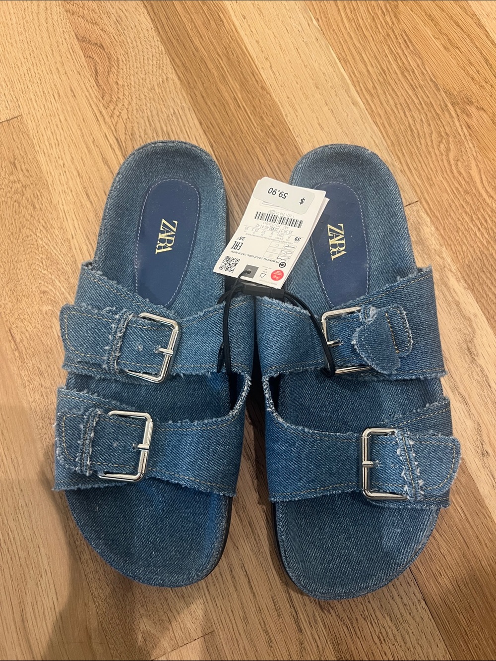 Zara Denim Blue Double-Buckle Slide Sandals
